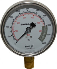 Enerpac - 0 to 10,000 psi Pressure Rating, 1/2 NPTF Gauge Connection, Hydraulic Pressure Dry Gage - 4" Face Diam - Exact Tooling