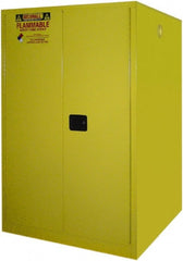 Securall Cabinets - 43" Wide x 31" Deep x 65" High, 18 Gauge Steel Vertical Drum Cabinet with 3 Point Key Lock - Yellow, Manual Closing Door, 1 Shelf, 2 Drums, Drum Rollers Included - Exact Tooling