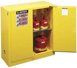 Justrite - 2 Door, 1 Shelf, Yellow Steel Standard Safety Cabinet for Flammable and Combustible Liquids - 44" High x 43" Wide x 18" Deep, Self Closing Door, 3 Point Key Lock, 30 Gal Capacity - Exact Tooling