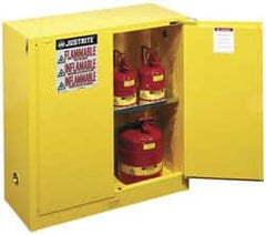 Justrite - 2 Door, 1 Shelf, Yellow Steel Standard Safety Cabinet for Flammable and Combustible Liquids - 44" High x 43" Wide x 18" Deep, Self Closing Door, 3 Point Key Lock, 30 Gal Capacity - Exact Tooling
