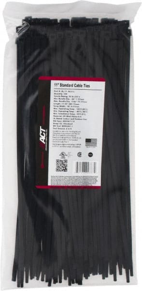 Made in USA - 11-1/4" Long Black Nylon Standard Cable Tie - 50 Lb Tensile Strength, 1.32mm Thick, 77.78mm Max Bundle Diam - Exact Tooling