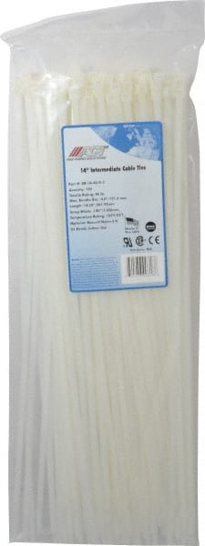 Made in USA - 14-1/4" Long Natural (Color) Nylon Standard Cable Tie - 40 Lb Tensile Strength, 1.37mm Thick, 101.6mm Max Bundle Diam - Exact Tooling