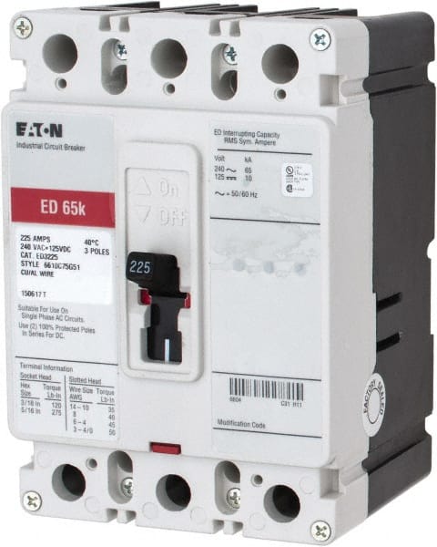 Eaton Cutler-Hammer - 225 Amp, 125 VDC, 240 VAC, 3 Pole, Molded Case Circuit Breaker - Thermal Magnetic Trip, 65 kA at 240 VAC Breaking Capacity, 4-4/0 AWG, 3-3/8 Inch Deep x 6 Inch High x 4-1/8 Inch Wide - Exact Tooling
