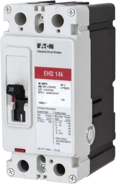 Eaton Cutler-Hammer - 30 Amp, 250 VDC, 480 VAC, 2 Pole, Molded Case Circuit Breaker - Thermal Magnetic Trip, 18 kA at 240 VAC Breaking Capacity, 14-1/0 AWG, 3-3/8 Inch Deep x 6 Inch High x 2-3/4 Inch Wide - Exact Tooling