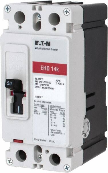 Eaton Cutler-Hammer - 50 Amp, 250 VDC, 480 VAC, 2 Pole, Molded Case Circuit Breaker - Thermal Magnetic Trip, Multiple Breaking Capacity Ratings, 14-1/0 AWG, 3-3/8 Inch Deep x 6 Inch High x 2-3/4 Inch Wide - Exact Tooling
