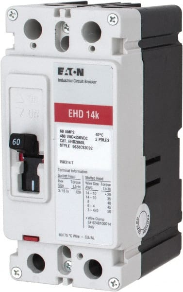 Eaton Cutler-Hammer - 60 Amp, 250 VDC, 480 VAC, 2 Pole, Molded Case Circuit Breaker - Thermal Magnetic Trip, 18 kA at 240 VAC Breaking Capacity, 14-1/0 AWG, 3-3/8 Inch Deep x 6 Inch High x 2-3/4 Inch Wide - Exact Tooling