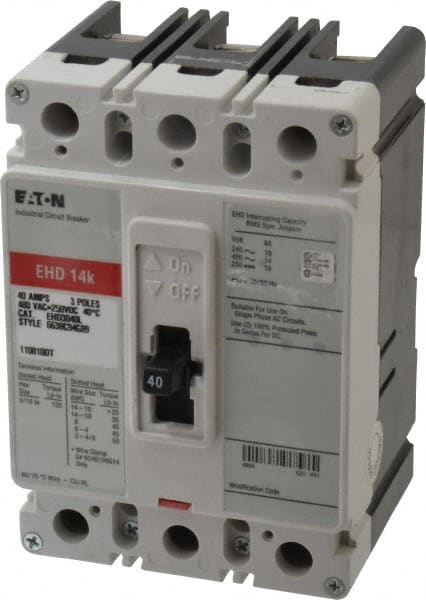 Eaton Cutler-Hammer - 40 Amp, 250 VDC, 480 VAC, 3 Pole, Molded Case Circuit Breaker - Thermal Magnetic Trip, 18 kA at 240 VAC Breaking Capacity, 14-1/0 AWG, 3-3/8 Inch Deep x 6 Inch High x 4-1/8 Inch Wide - Exact Tooling