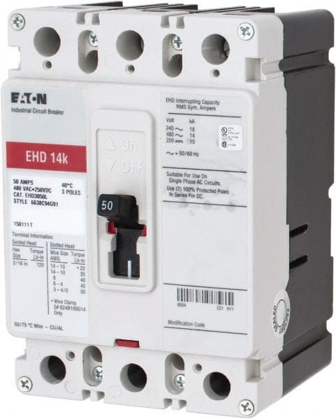 Eaton Cutler-Hammer - 50 Amp, 250 VDC, 480 VAC, 3 Pole, Molded Case Circuit Breaker - Thermal Magnetic Trip, 18 kA at 240 VAC Breaking Capacity, 14-1/0 AWG, 3-3/8 Inch Deep x 6 Inch High x 4-1/8 Inch Wide - Exact Tooling