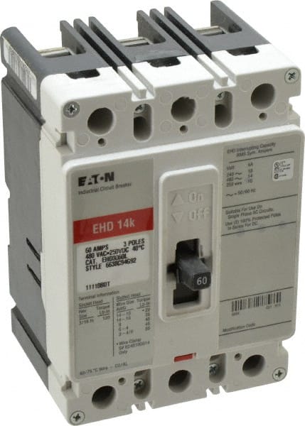 Eaton Cutler-Hammer - 60 Amp, 250 VDC, 480 VAC, 3 Pole, Molded Case Circuit Breaker - Thermal Magnetic Trip, 18 kA at 240 VAC Breaking Capacity, 14-1/0 AWG, 3-3/8 Inch Deep x 6 Inch High x 4-1/8 Inch Wide - Exact Tooling