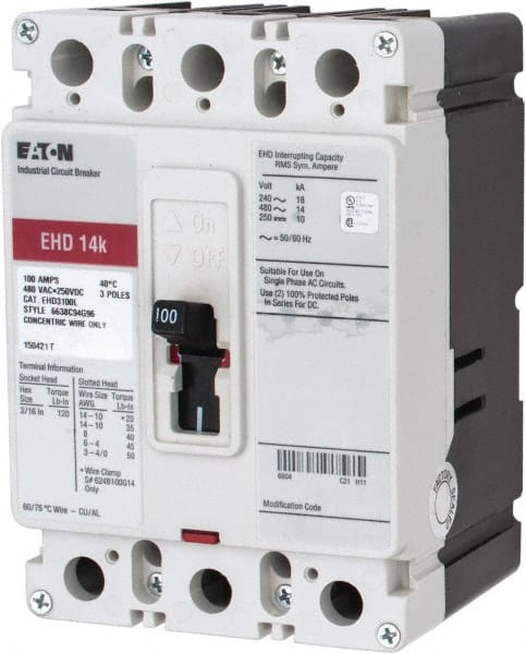 Eaton Cutler-Hammer - 100 Amp, 250 VDC, 480 VAC, 3 Pole, Molded Case Circuit Breaker - Thermal Magnetic Trip, 18 kA at 240 VAC Breaking Capacity, 14-1/0 AWG, 3-3/8 Inch Deep x 6 Inch High x 4-1/8 Inch Wide - Exact Tooling