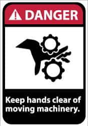 NMC - "Danger - Keep Hands Clear of Moving Machinery", 14" Long x 10" Wide, Pressure-Sensitive Vinyl Safety Sign - Rectangle, 0.004" Thick, Use for Accident Prevention - Exact Tooling