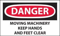 NMC - Accident Prevention Label, Header: DANGER - Legend: Danger - Moving Machinery - Keep Hands and Feet Clear, English, Red, Black & White, 5" Long x 3" High, Sign Muscle Finish - Exact Tooling