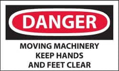 NMC - Accident Prevention Label, Header: DANGER - Legend: Danger - Moving Machinery - Keep Hands and Feet Clear, English, Red, Black & White, 5" Long x 3" High, Sign Muscle Finish - Exact Tooling