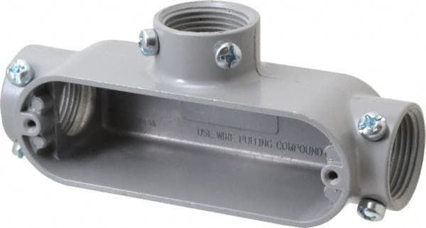 Cooper Crouse-Hinds - Form 5, T Body, 1" Trade, EMT, IMC, Rigid Aluminum Conduit Body - Rectangle, 6.33" OAL, 12.2 cc Capacity, Gray - Exact Tooling
