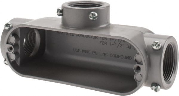 Cooper Crouse-Hinds - Form 5, T Body, 1-1/4" Trade, EMT, IMC, Rigid Aluminum Conduit Body - Rectangle, 8.45" OAL, 33.1 cc Capacity, Gray - Exact Tooling