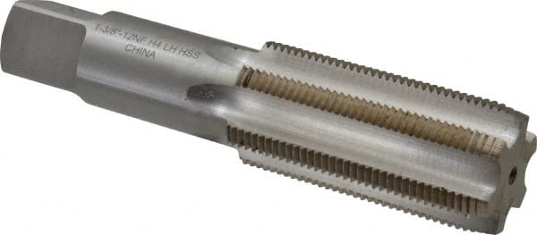 Interstate - 1-3/8 - 12 UNF 3B 4 Flute Bright Finish High Speed Steel Straight Flute Standard Hand Tap - Plug, Left Hand Thread, 6-1/16" OAL, H4 Limit, Oversize - Exact Tooling