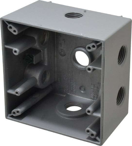 Cooper Crouse-Hinds - 2 Gang, (7) 1/2" Knockouts, Aluminum Square Outlet Box - 4-1/2" Overall Height x 4-1/2" Overall Width x 2-21/32" Overall Depth, Weather Resistant - Exact Tooling