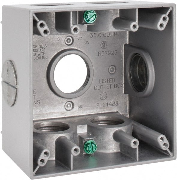 Cooper Crouse-Hinds - 2 Gang, (7) 1" Knockouts, Aluminum Square Outlet Box - 4-1/2" Overall Height x 4-1/2" Overall Width x 2-21/32" Overall Depth, Weather Resistant - Exact Tooling