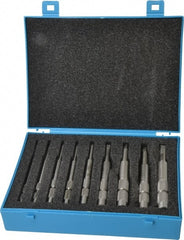 Made in USA - #0 to 1/2" Tap Extension Set - Tool Steel, 5" Overall Length, 9/16" Max Outside Diam, 0.255, 0.318, 0.323, 0.367, 0.381, (4) 0.194" Extension Shank Diam, 9 Piece Set - Exact Tooling