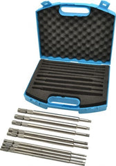 Made in USA - #0 to 1/2" Tap Extension Set - Tool Steel, 9" Overall Length, 9/16" Max Outside Diam, 0.255, 0.318, 0.323, 0.367, 0.381, (3) 0.194" Extension Shank Diam, 9 Piece Set - Exact Tooling