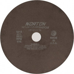 Norton - 10" 90 Grit Aluminum Oxide Cutoff Wheel - 1/16" Thick, 1-1/4" Arbor, 3,820 Max RPM, Use with Angle Grinders - Exact Tooling