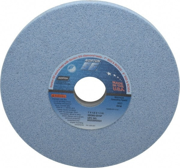 Norton - 7" Diam x 1-1/4" Hole x 1/2" Thick, G Hardness, 60 Grit Surface Grinding Wheel - Ceramic, Type 1, Medium Grade, 3,600 Max RPM, Vitrified Bond, No Recess - Exact Tooling