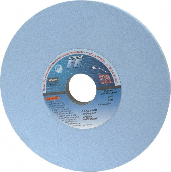 Norton - 7" Diam x 1-1/4" Hole x 1/2" Thick, K Hardness, 100 Grit Surface Grinding Wheel - Ceramic, Type 1, Fine Grade, 3,600 Max RPM, Vitrified Bond, No Recess - Exact Tooling