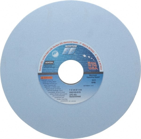 Norton - 7" Diam x 1-1/4" Hole x 1/4" Thick, K Hardness, 100 Grit Surface Grinding Wheel - Ceramic, Type 1, Fine Grade, 3,600 Max RPM, Vitrified Bond, No Recess - Exact Tooling