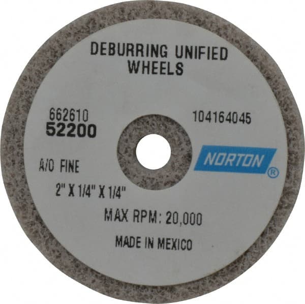 Norton - 2" Diam, 1/4" Face Width, 1/4" Center Hole, Very Fine Grade, Aluminum Oxide Deburring Wheel - Unitized, Medium Grade, 20,000 RPM - Exact Tooling