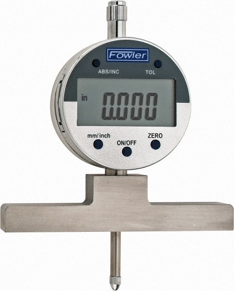 Fowler - 0" to 22" Alloy Steel Electronic Depth Gage - 0.0008" Accuracy, 0.01mm Resolution, 4" Base Length - Exact Tooling