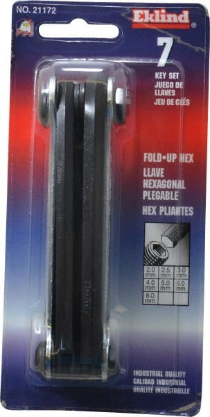 Eklind - 7 Piece Fold-Up Hex Key Set - Hex Range 2 to 8mm, Alloy Steel - Exact Tooling