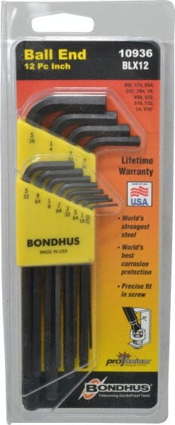 Bondhus - 12 Piece L-Key Ball End Hex Key Set - Hex Range 0.05 to 5/16" - Exact Tooling