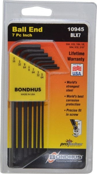 Bondhus - 7 Piece L-Key Ball End Hex Key Set - Hex Range 5/64 to 3/16" - Exact Tooling