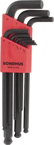 Bondhus - 9 Piece L-Key Ball End Hex Key Set - Hex Range 1.5 to 10mm - Exact Tooling