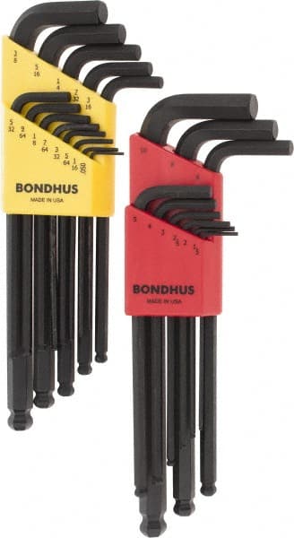 Bondhus - 22 Piece L-Key Ball End Hex Key Set - Hex Range 0.05 to 3/8" - Exact Tooling