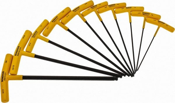 Bondhus - 10 Piece T-Handle Ball End Hex Key Set - Hex Range 3/32 to 3/8", Alloy Steel - Exact Tooling