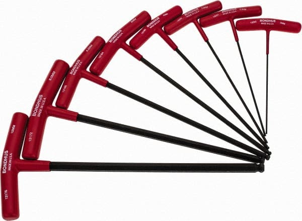 Bondhus - 8 Piece T-Handle Ball End Hex Key Set - Hex Range 2 to 10mm, Alloy Steel - Exact Tooling