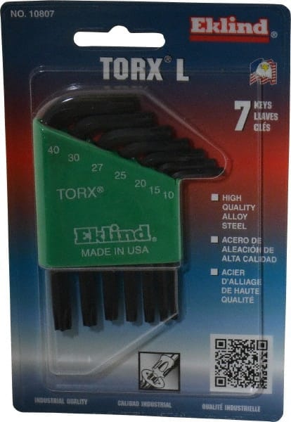 Eklind - 7 Piece T10 to T40 Chrome Nickel Alloy Steel L-Key Short Arm Torx Key Set - Exact Tooling
