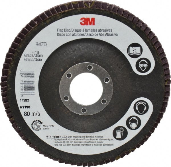 3M - 120 Grit, 4-1/2" Disc Diam, 7/8" Center Hole, Type 27 Ceramic Flap Disc - 13,300 Max RPM, Cloth Backing, Arbor Attaching System, Coated - Exact Tooling