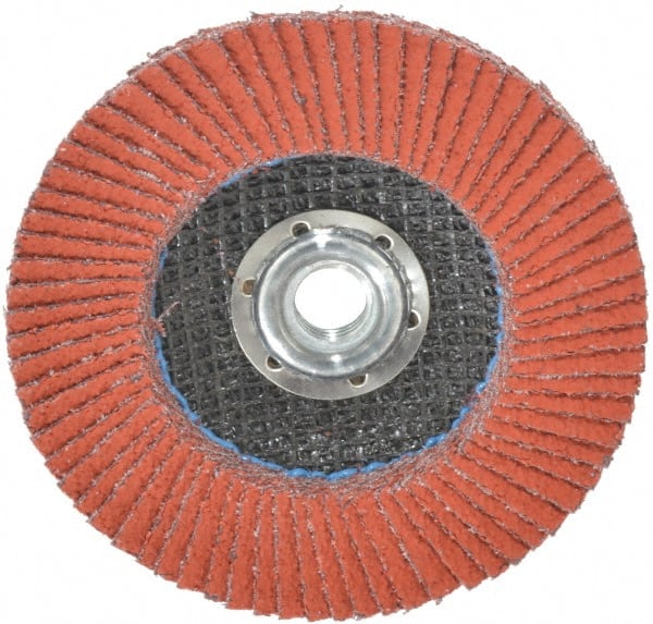 3M - 40 Grit, 4-1/2" Disc Diam, 5/8-11 Center Hole, Type 27 Ceramic Flap Disc - 13,300 Max RPM, Cloth Backing, Arbor Attaching System, Coated - Exact Tooling