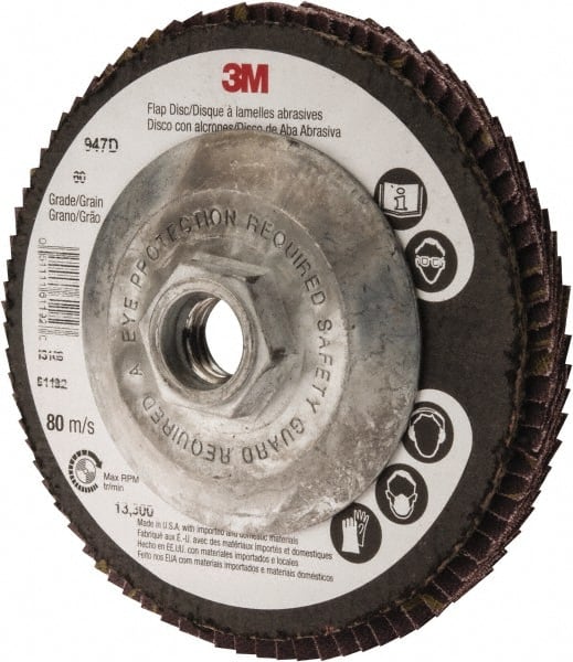 3M - 60 Grit, 4-1/2" Disc Diam, 5/8-11 Center Hole, Type 27 Ceramic Flap Disc - 13,300 Max RPM, Cloth Backing, Arbor Attaching System, Coated - Exact Tooling