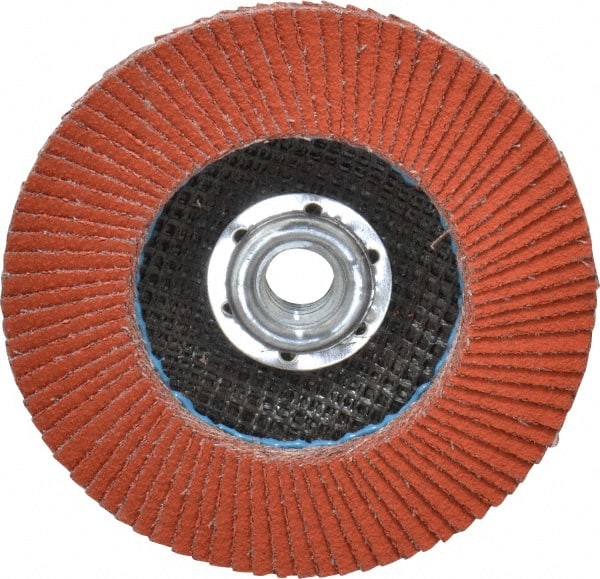 3M - 80 Grit, 4-1/2" Disc Diam, 5/8-11 Center Hole, Type 27 Ceramic Flap Disc - 13,300 Max RPM, Cloth Backing, Arbor Attaching System, Coated - Exact Tooling