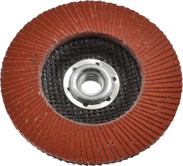3M - 120 Grit, 4-1/2" Disc Diam, 5/8-11 Center Hole, Type 27 Ceramic Flap Disc - 13,300 Max RPM, Cloth Backing, Arbor Attaching System, Coated - Exact Tooling