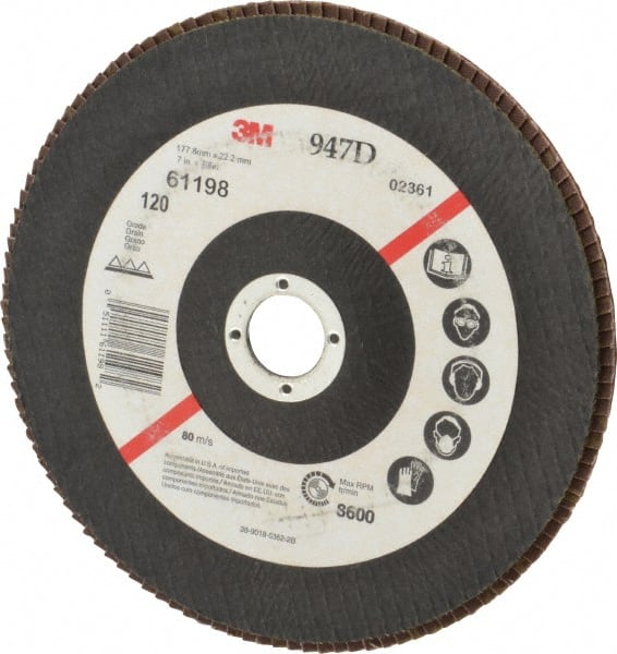 3M - 120 Grit, 7" Disc Diam, 7/8" Center Hole, Type 27 Ceramic Flap Disc - 8,600 Max RPM, Cloth Backing, Arbor Attaching System, Coated - Exact Tooling