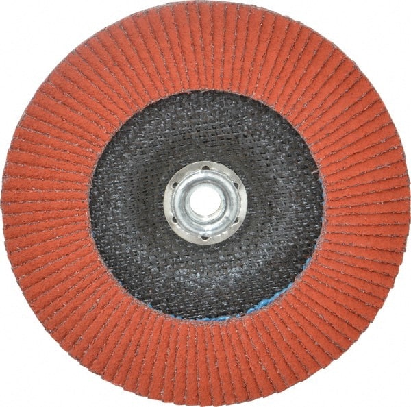 3M - 40 Grit, 7" Disc Diam, 5/8-11 Center Hole, Type 27 Ceramic Flap Disc - 8,600 Max RPM, Cloth Backing, Arbor Attaching System, Coated - Exact Tooling