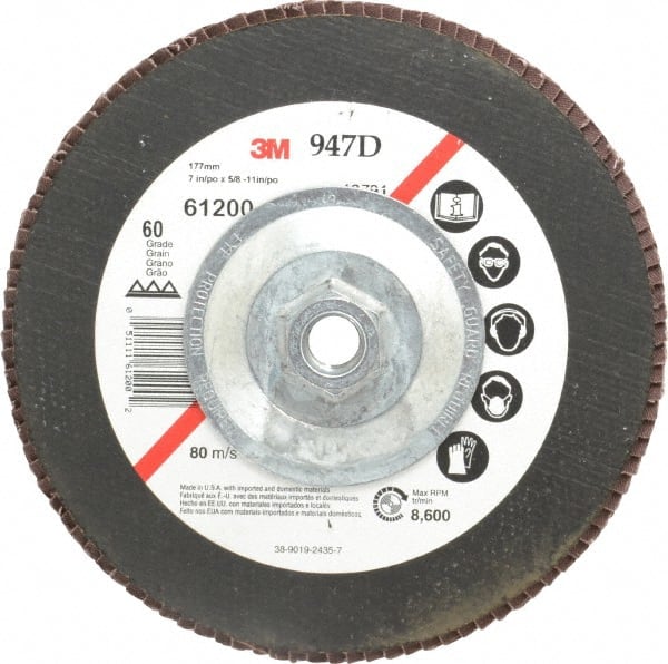 3M - 60 Grit, 7" Disc Diam, 5/8-11 Center Hole, Type 27 Ceramic Flap Disc - 8,600 Max RPM, Cloth Backing, Arbor Attaching System, Coated - Exact Tooling