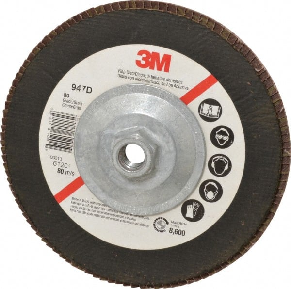 3M - 80 Grit, 7" Disc Diam, 5/8-11 Center Hole, Type 27 Ceramic Flap Disc - 8,600 Max RPM, Cloth Backing, Arbor Attaching System, Coated - Exact Tooling