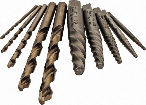 Irwin Hanson - 10 Piece Spiral Flute Screw Extractor & Drill Set - Screw Range 3/16 to 3/4" - Exact Tooling