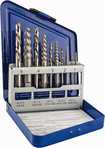 Irwin - 10 Piece Spiral Flute Screw Extractor & Drill Set - Screw Range 3/16 to 3/4" - Exact Tooling