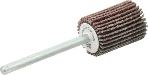 Value Collection - 5/8" Diam x 3/4" Face Width, Medium Aluminum Oxide Coated Mounted Flap Wheel - 1/8" Shank Mount, 80 Grit, X Weighted Cloth Backing, 40,000 Max RPM - Exact Tooling